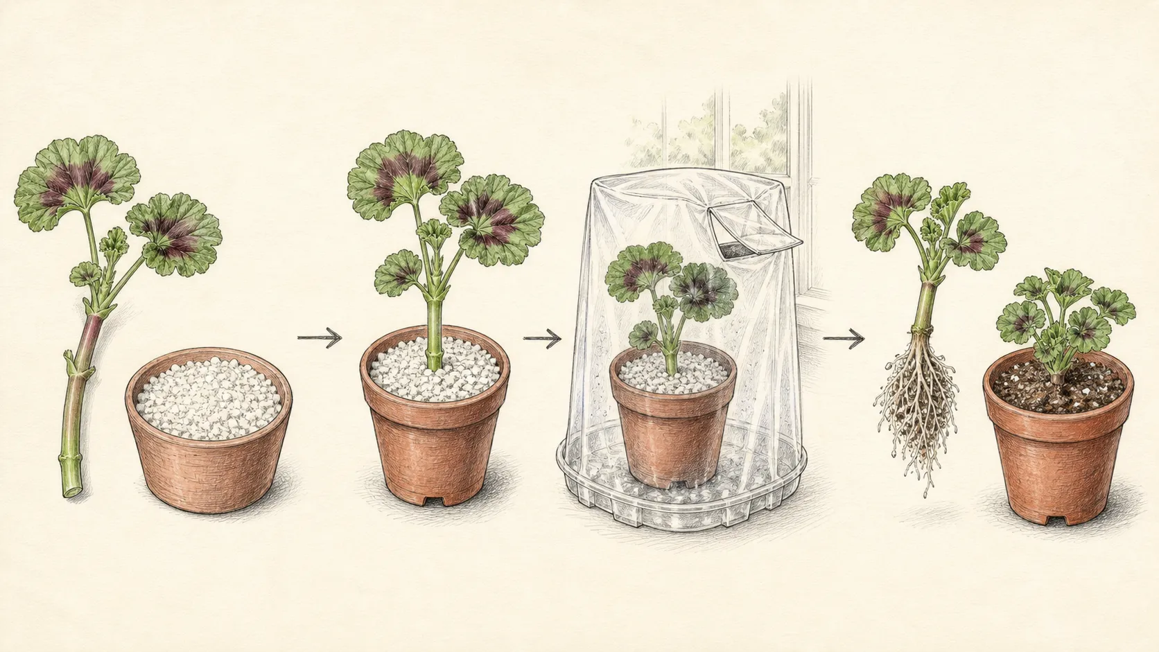 Four-stage Pelargonium sequence from prepared cutting and perlite through a vented humidity cover to roots and an individual pot