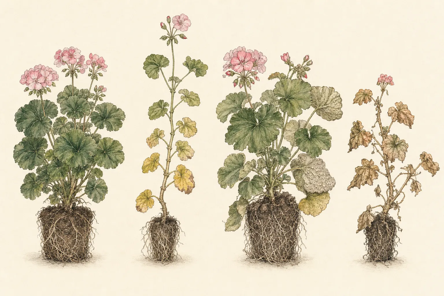 Diagnostic comparison of healthy, low-light, edema-affected, overwatered, and dry-stressed overwintered pelargoniums