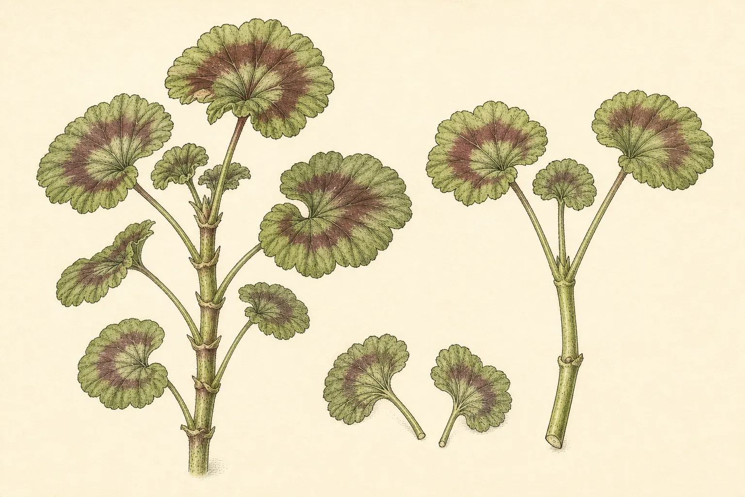 Zonal Pelargonium parent shoot beside a prepared terminal cutting with lower leaves removed and upper leaves retained