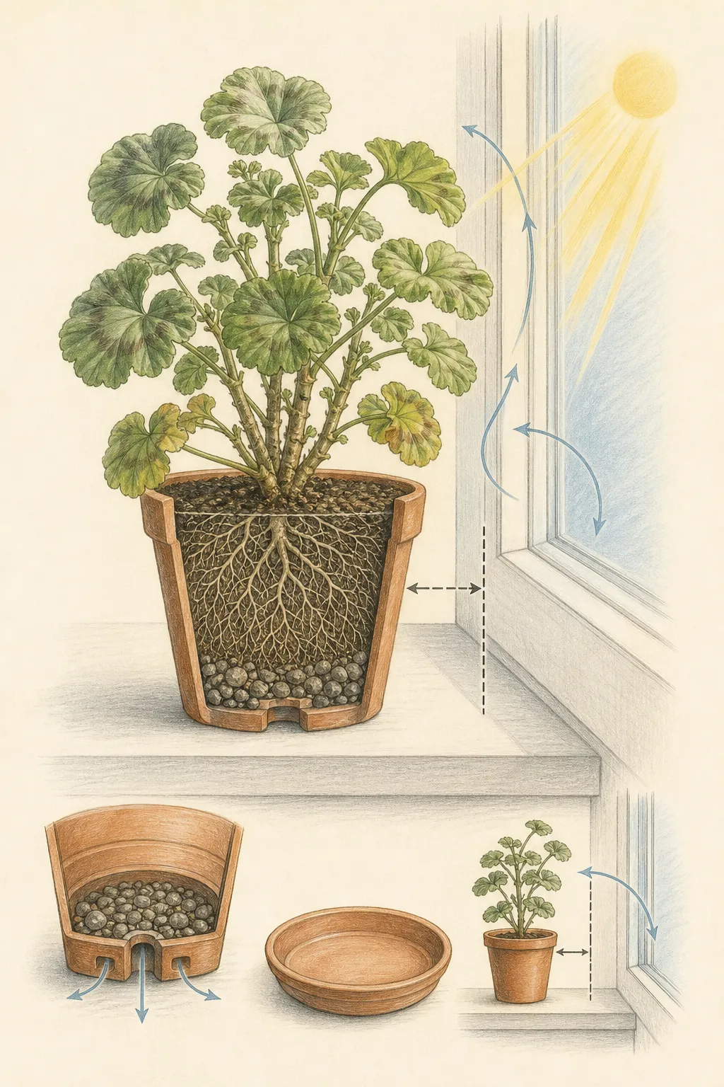 Overwintered pelargonium at a bright cool window with drainage, air space, safe glass clearance, and visible root zone