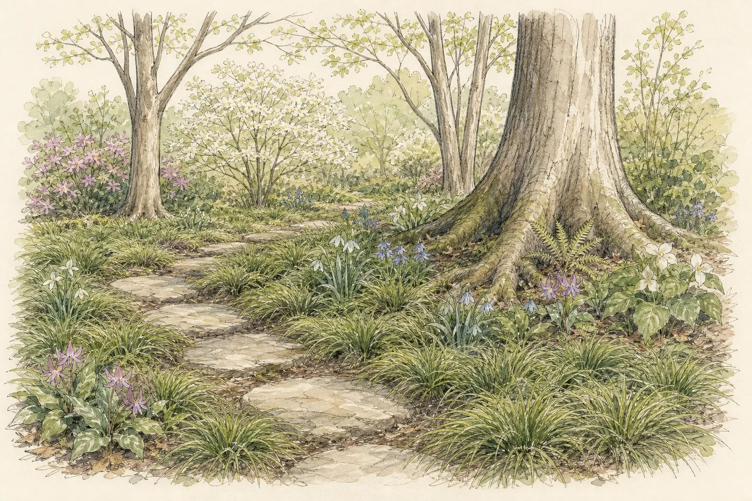 Garden placement study showing mature Pennsylvania Sedge in an ornamental planting