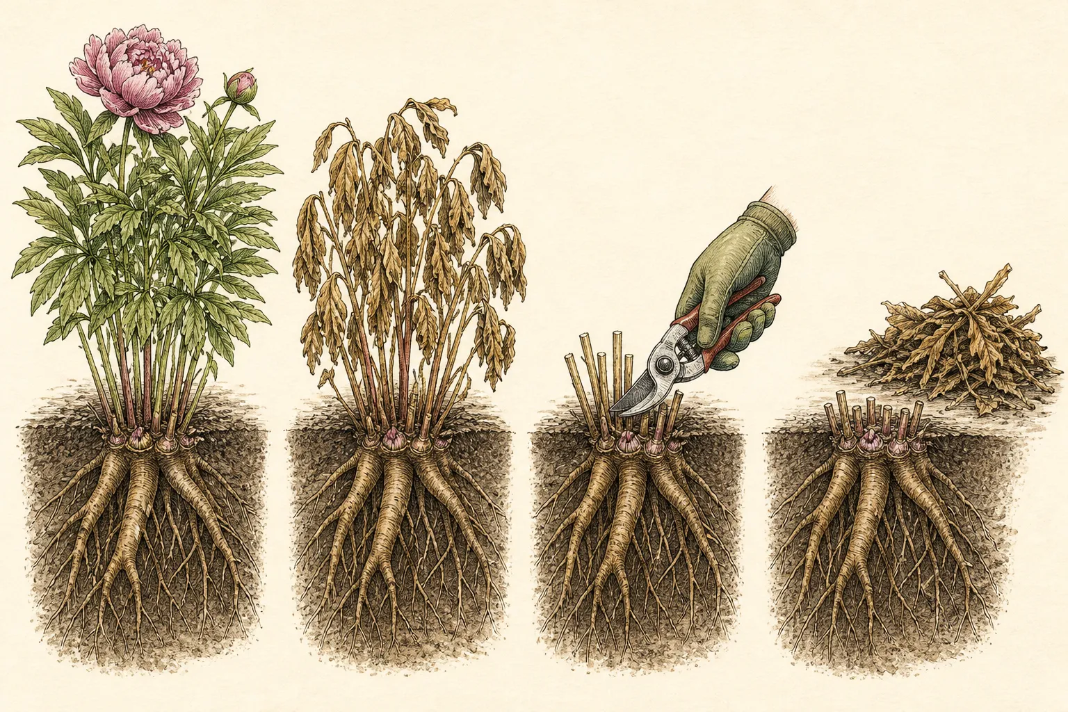 Complete hand-drawn sequence from green peony foliage through senescence to a clean crown and removed autumn debris