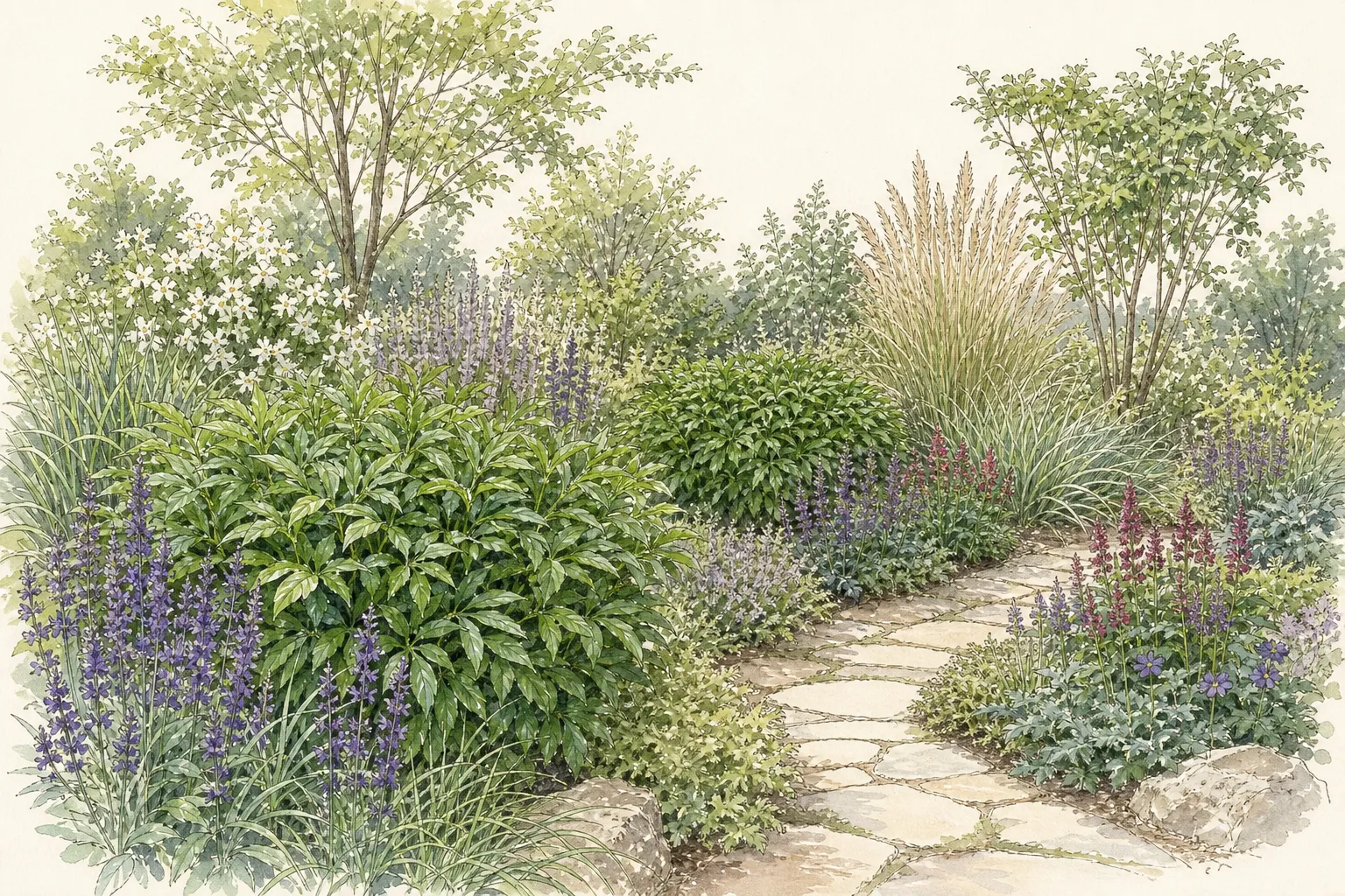 Peony border in midsummer with intact foliage among grasses, perennials, shrubs, and a clear maintenance path