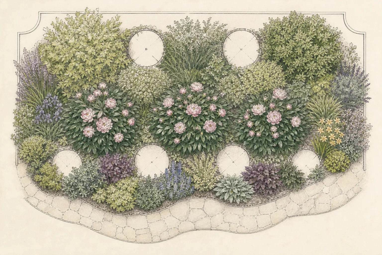 Measured peony border plan with crown circles, access points, support rings, bulbs, companion perennials, and permanent shrubs