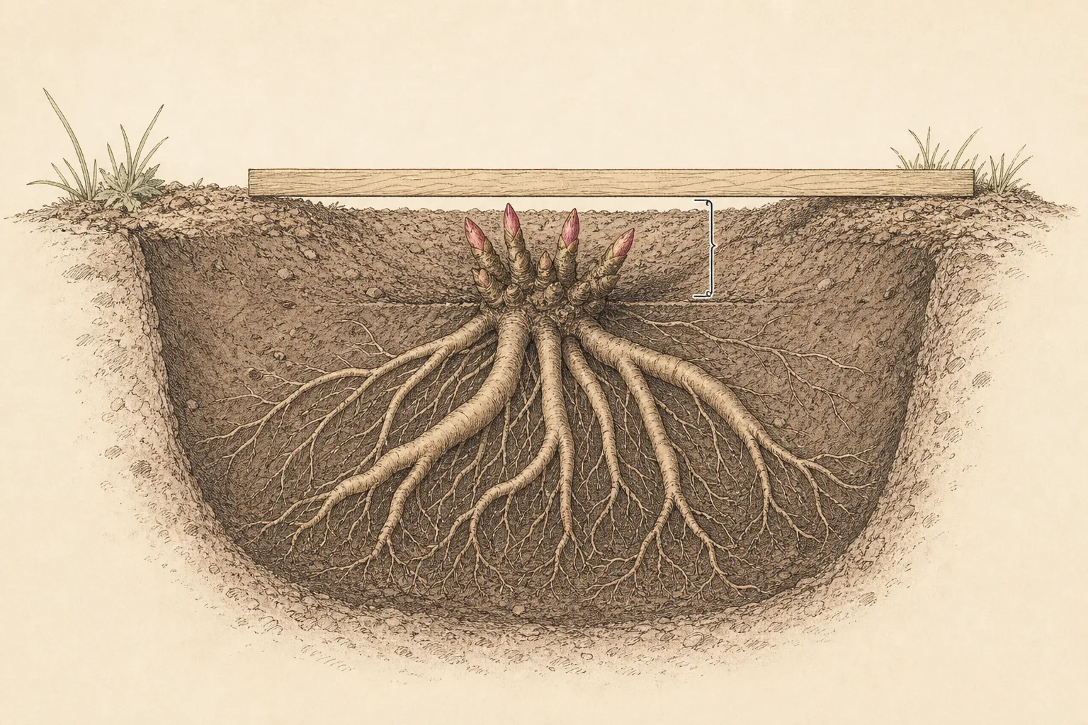 Cutaway showing a bare-root herbaceous peony with pink eyes set shallowly beneath finished soil grade