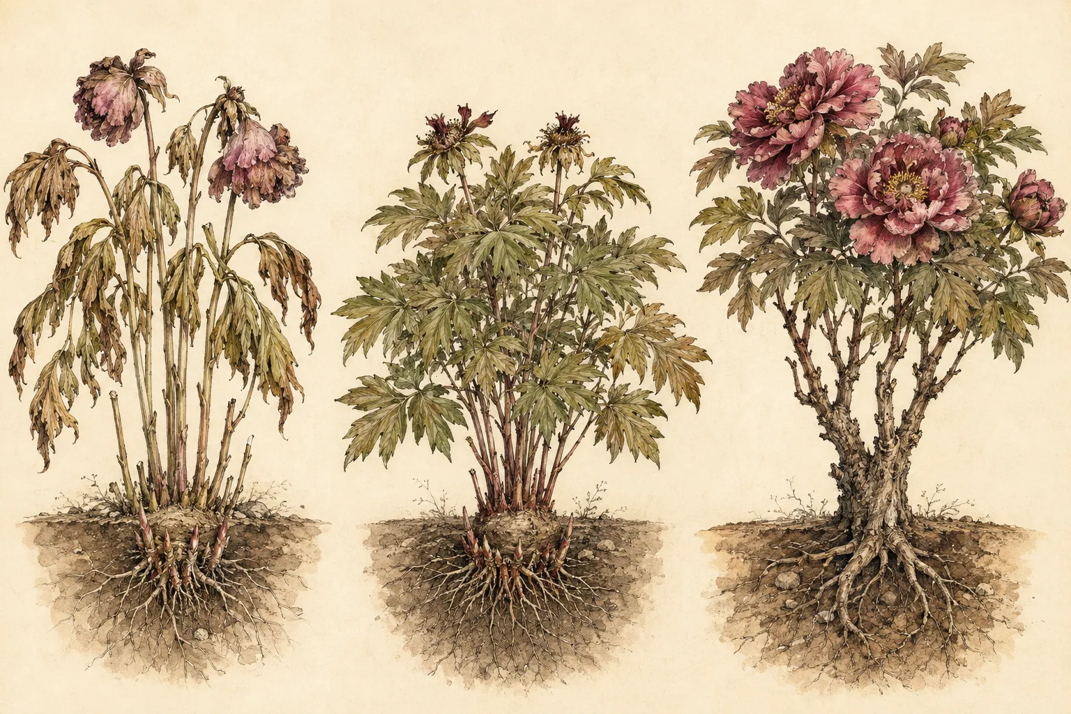 Hand-rendered comparison of herbaceous, Itoh, and tree peonies showing seasonal stems, crowns, and roots