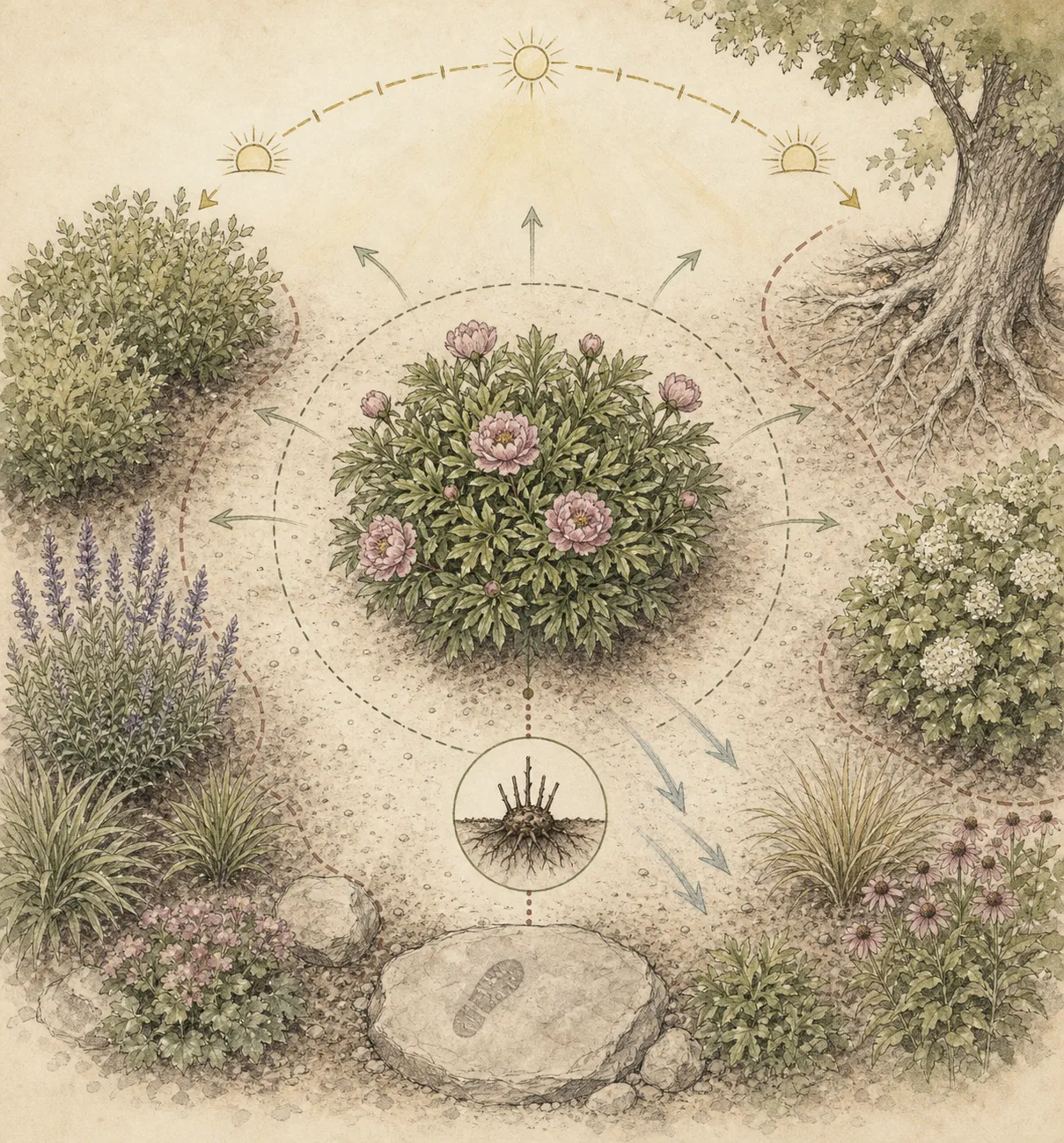Botanical garden plan showing a mature peony in sun with open airflow, drainage, access, and distance from shrubs and tree roots