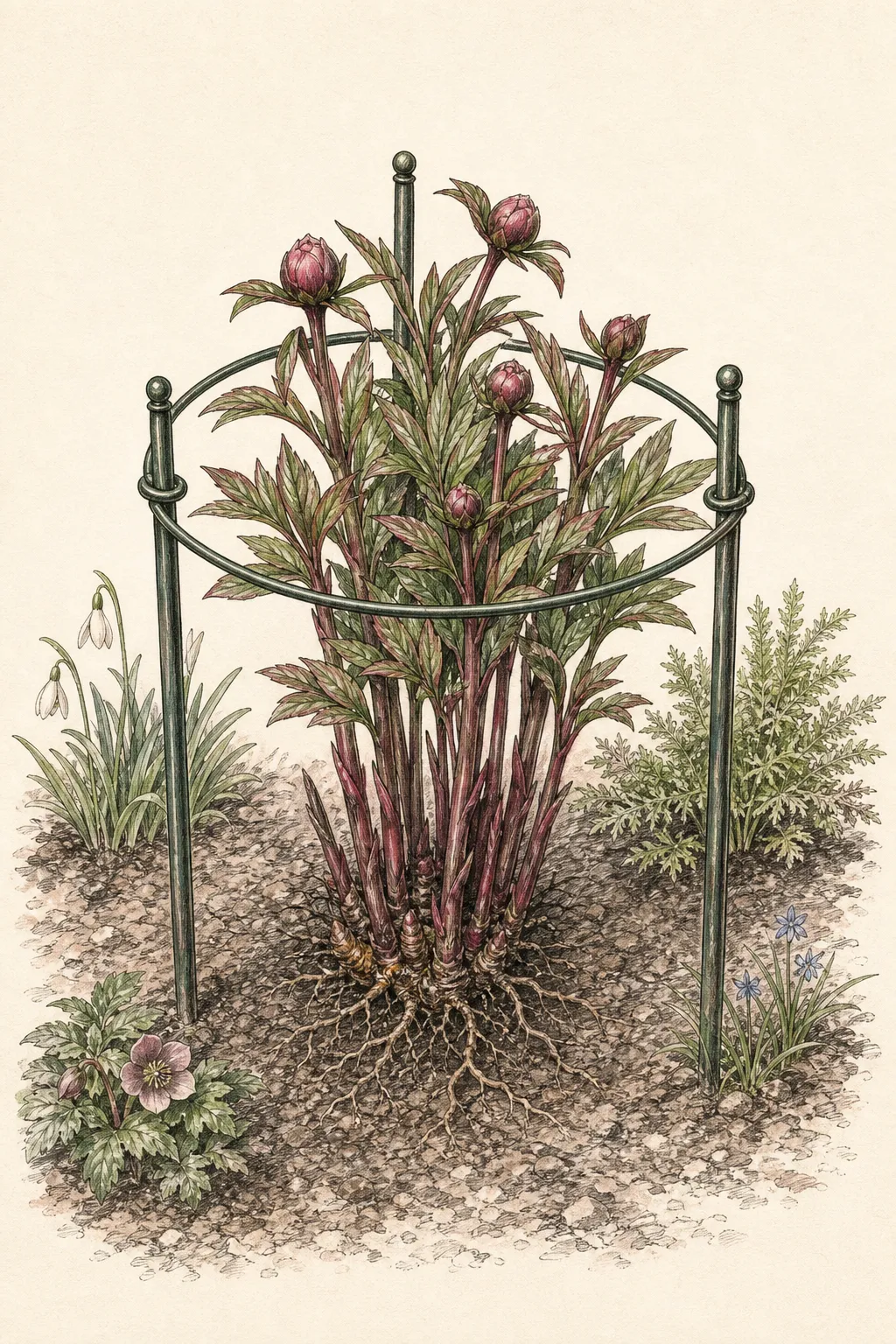 Young peony shoots inside a circular grow-through support whose legs stand beyond the crown