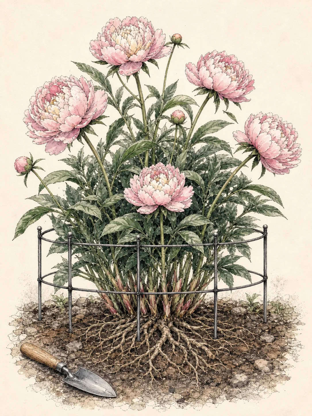 Mature flowering peony held as a broad natural mound by a discreet support grid