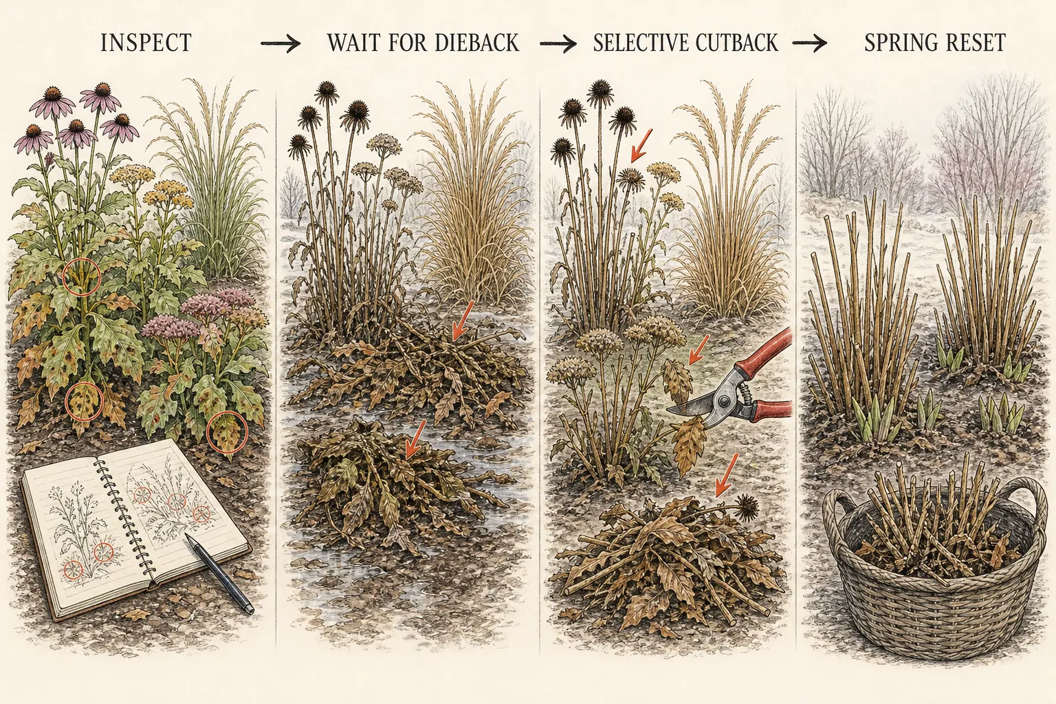 Four-stage sequence showing a perennial border inspection, natural dieback, selective autumn cutback and a spring reset around emerging basal shoots