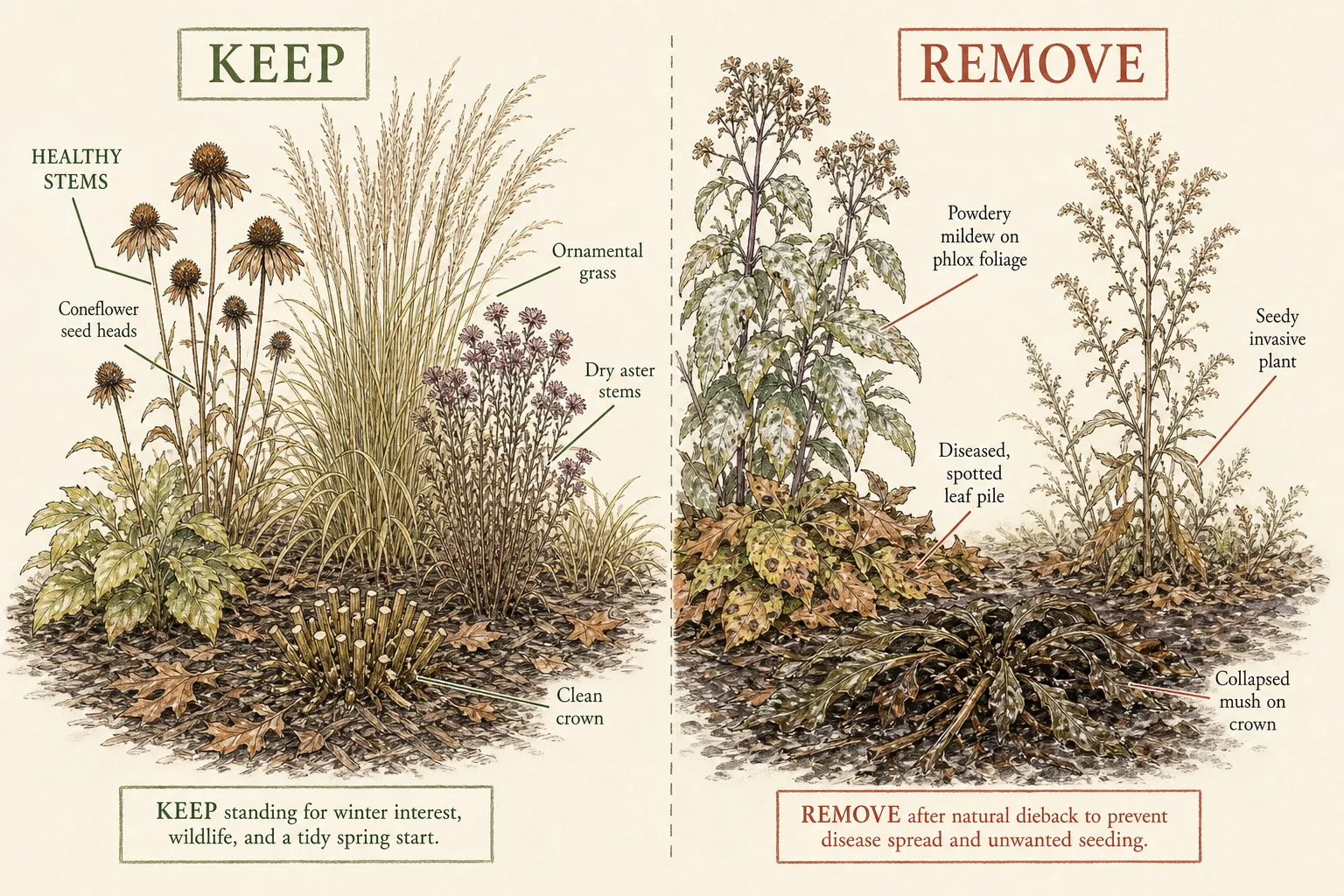 Comparison plate showing healthy coneflower seed heads, ornamental grass and dry aster stems to keep beside diseased foliage, seedy plants and collapsed crowns to remove