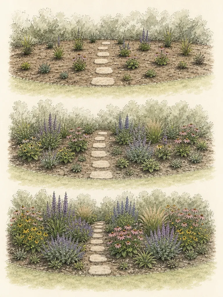 Perennial border diagram showing a path-edge setback, hidden stepping route, access pockets, and reachable clumps at mature spread