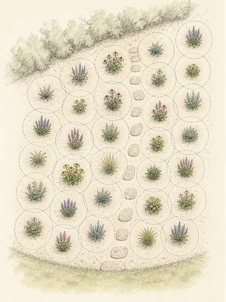 Scaled overhead perennial border plan using mature spread circles and center points for different-sized neighboring plants