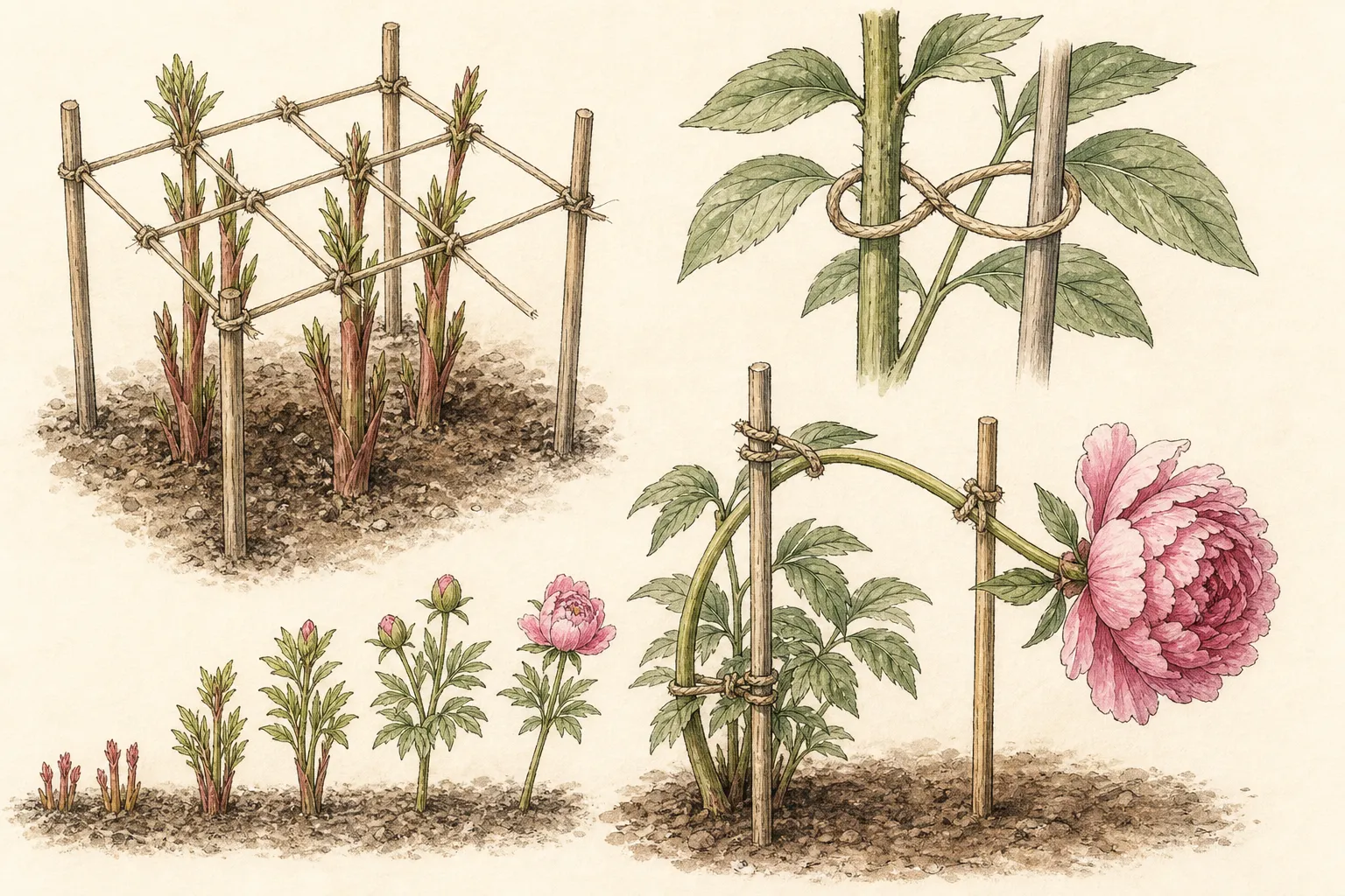 A young perennial grows through a low support, broad figure-eight ties guide mature stems, and deeply anchored stakes stand beyond the crown