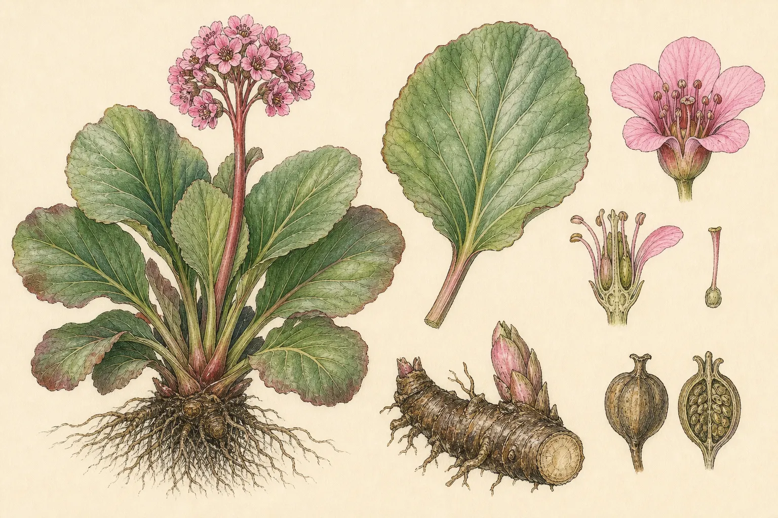 Botanical identification plate of Pigsqueak, Bergenia crassifolia