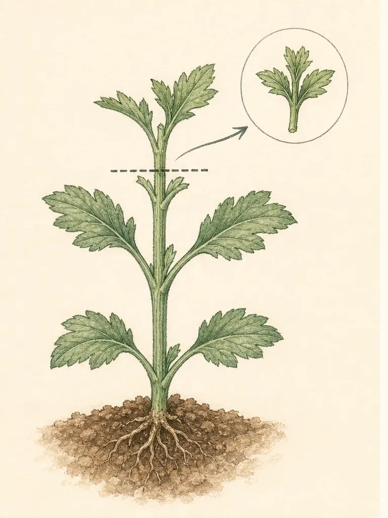 Garden chrysanthemum shoot showing a soft growing tip removed just above a leaf pair and two side buds retained below