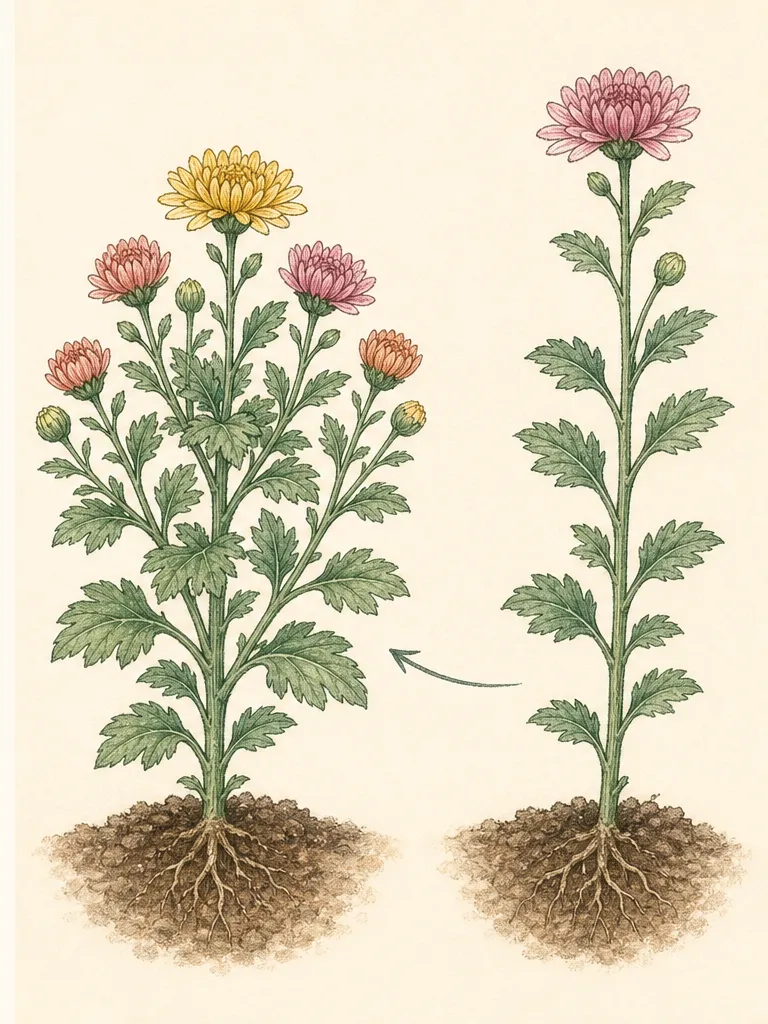 Seasonal chrysanthemum sequence showing an unpinched spring shoot, first pinch, branched early-summer plant and intact autumn buds after the regional stop point