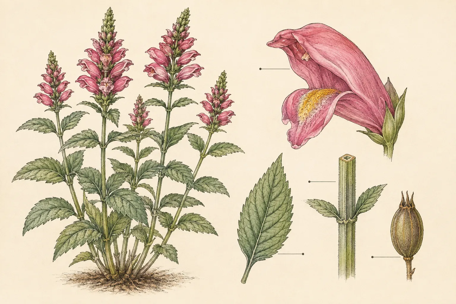 Botanical identification plate of pink turtlehead showing the upright clump, opposite serrated leaves, rose-pink flower spike, square stem and seed capsule