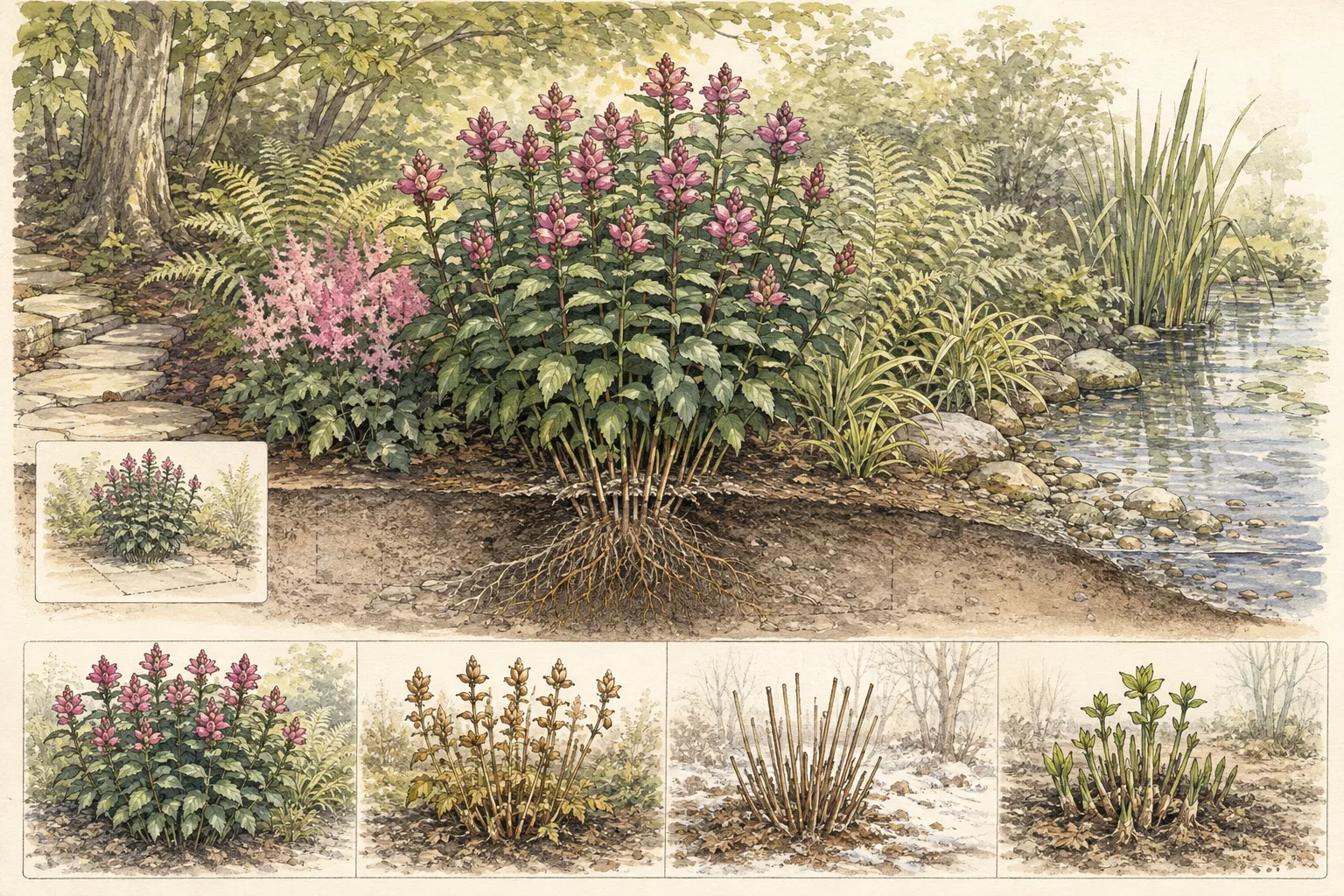 Garden placement study showing pink turtlehead beside ferns at a damp woodland edge, with a moist root zone, pond margin and seasonal growth sequence