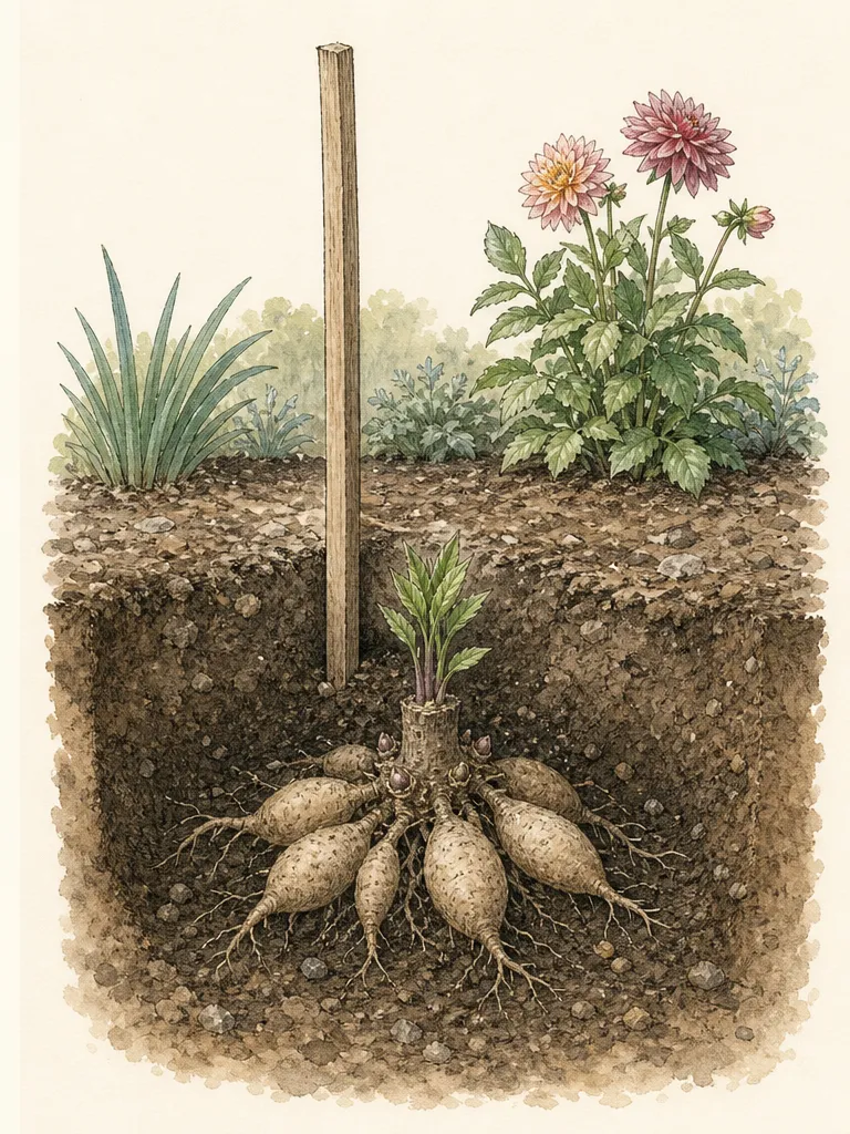 Dahlia planting sequence comparing a shallow draining bed at correct grade with a deeply buried tuber in a water-holding basin