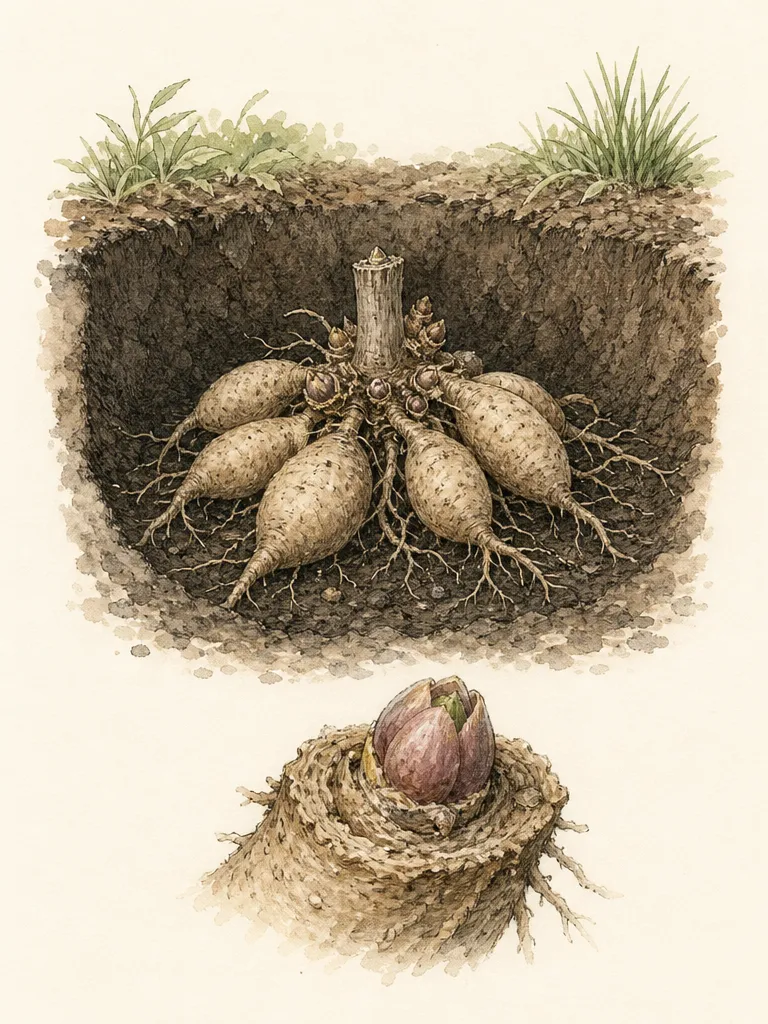 Dahlia tuber anatomy showing the old stem, crown, visible eye, narrow neck and storage tubers with the correct horizontal planting orientation