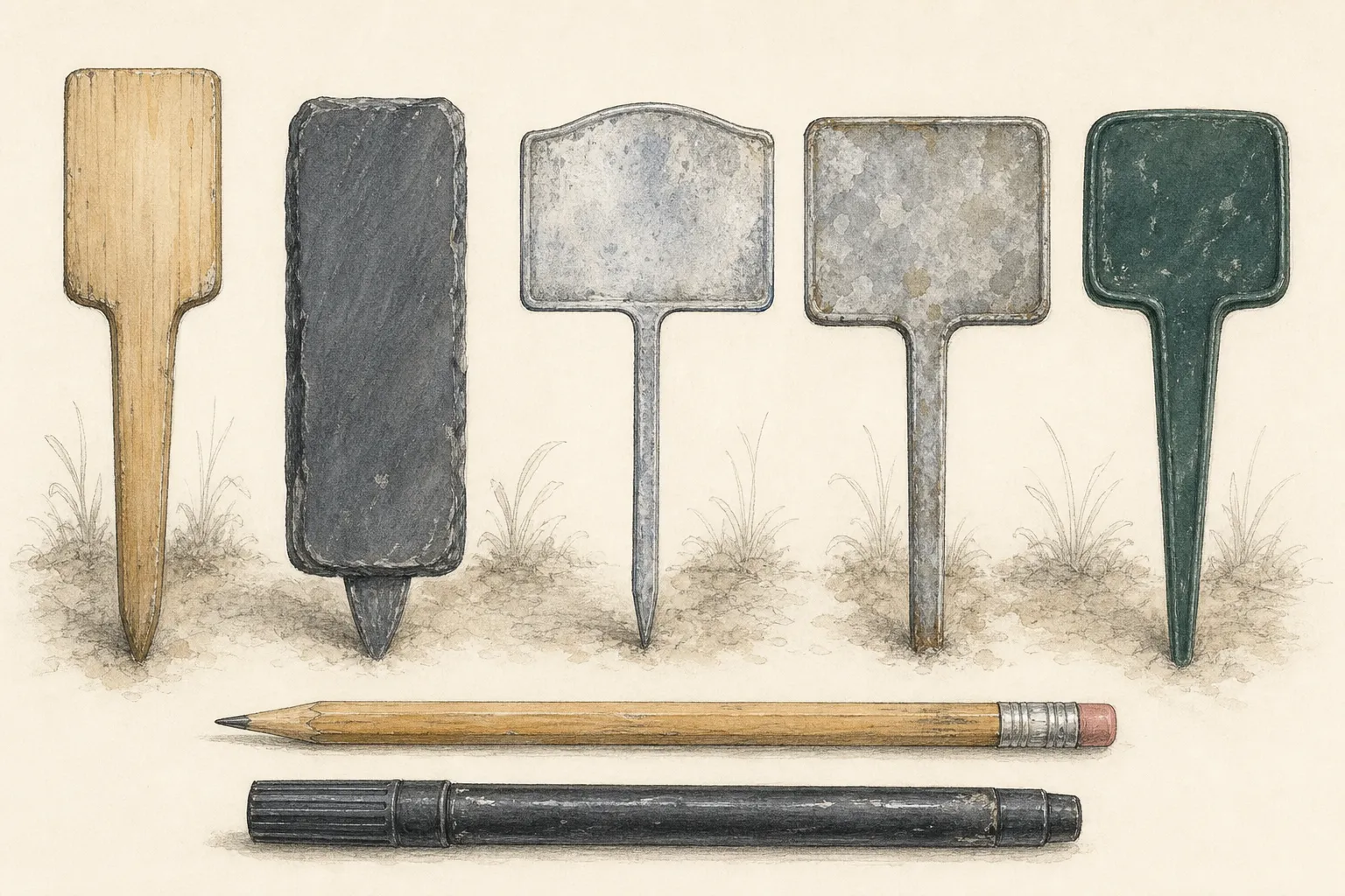 Plant label materials including bamboo, slate, aluminum, zinc, and reusable plastic with weathering differences