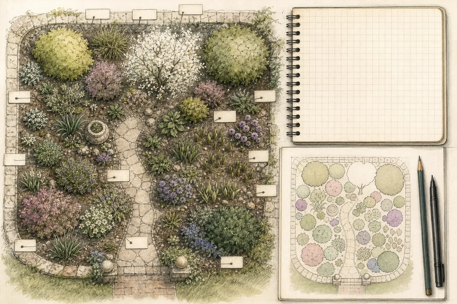 Garden plan with discreet labels at bed edges, behind crowns, beside dormant bulbs, and connected to a record map