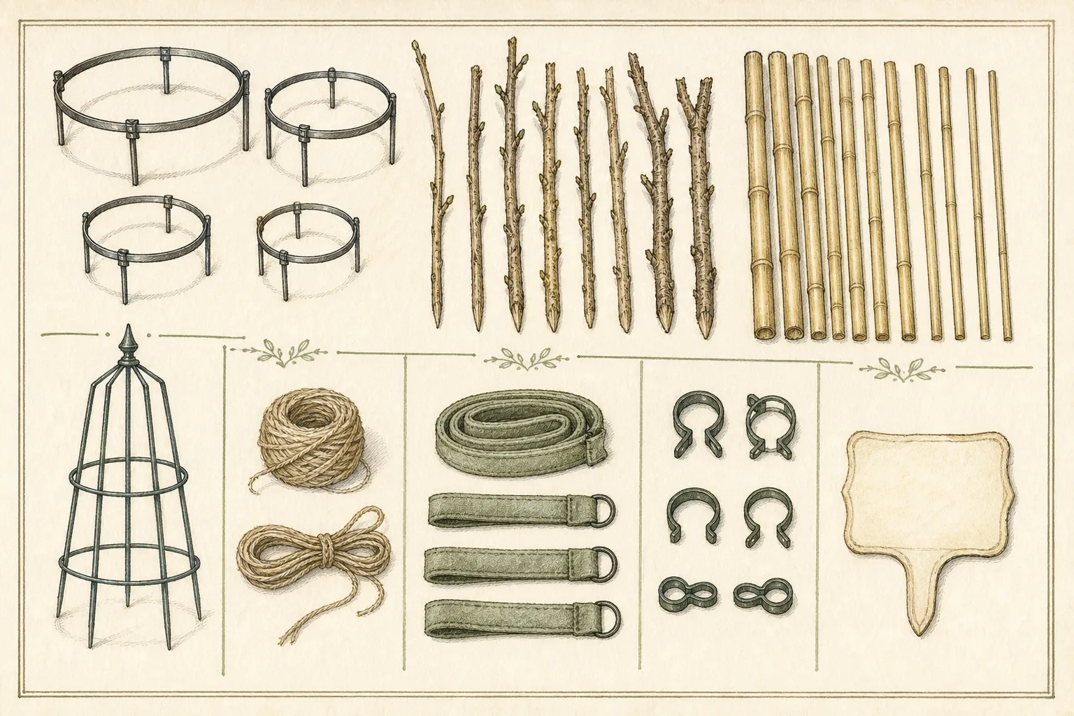 An overhead inventory board grouping peony rings, twiggy stakes, cane frames, an obelisk, soft ties, tree ties, and labeled bed assignments by plant need