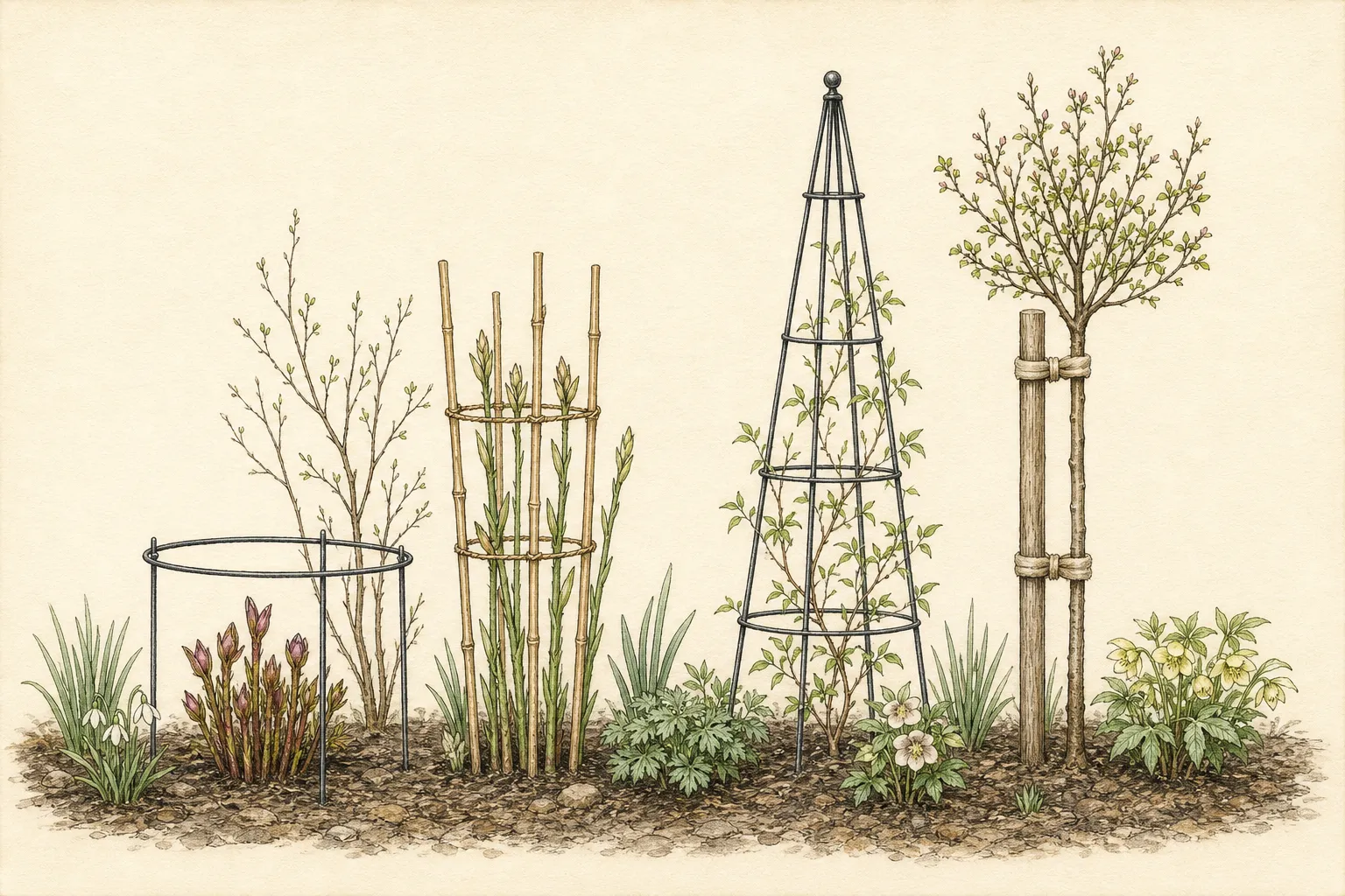 A border elevation showing a peony ring, twiggy delphinium stakes, a clematis support, and a lightly tied young standard tree installed early enough for growth to hide or settle into each support