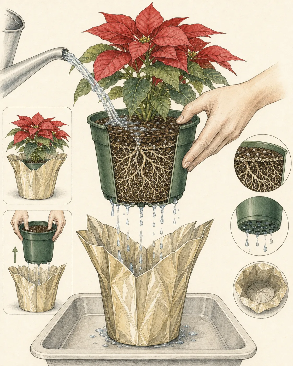 Cutaway watering diagram showing a poinsettia nursery pot lifted from decorative foil so excess water can drain away instead of collecting around the roots