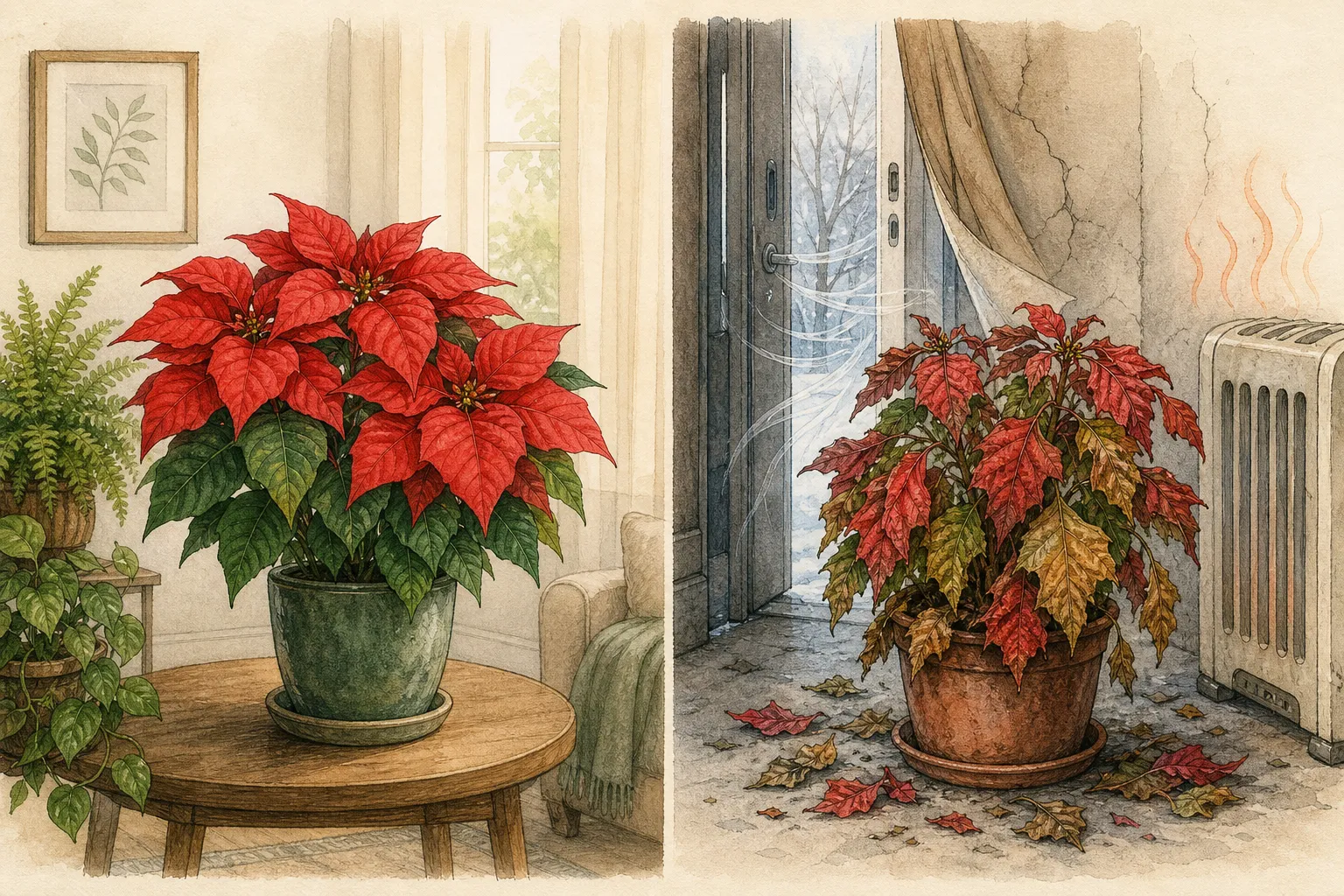 Comparison plate showing a poinsettia in bright indirect light away from vents and cold glass versus a plant stressed by a heater and a drafty doorway