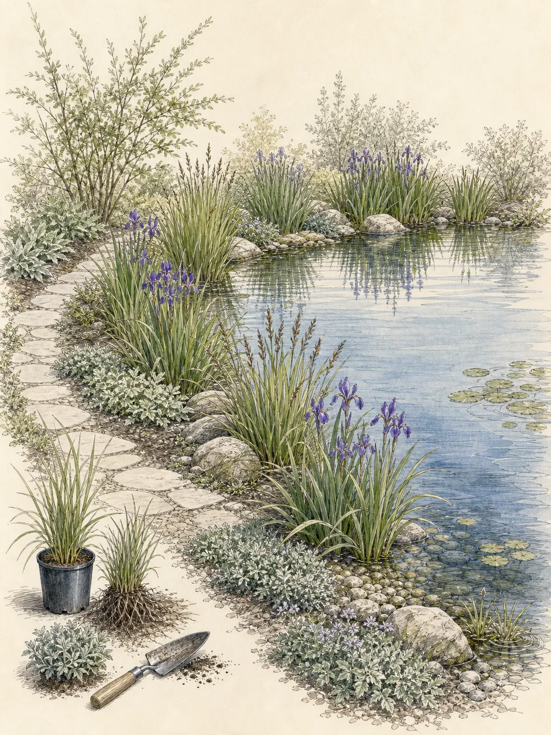 Naturalistic pond edge with repeated sedge and iris groups, an open viewing gap and a clear path-side margin