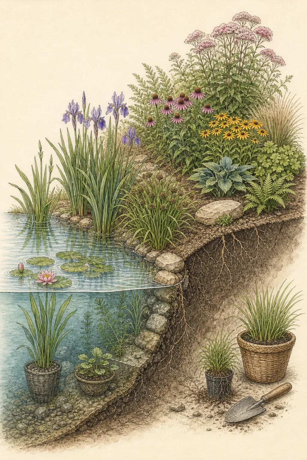 Pond-bank cutaway with submerged shelf plants, marginal foliage, moist-bank sedges and a drier upper perennial zone