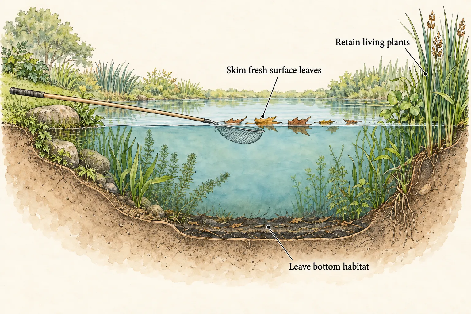 Pond cross-section with a hand net at floating leaves, living marginal and submerged plants, and an untouched bottom layer