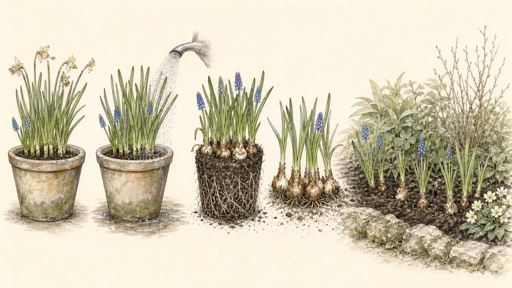 Sequence from faded potted narcissus and muscari through intact root-ball removal and replanting at the previous depth