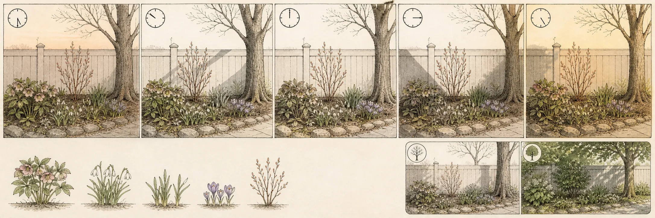 Five timed views of one ornamental bed showing shadows moving from morning to late afternoon plus leafless and leafy-season comparison