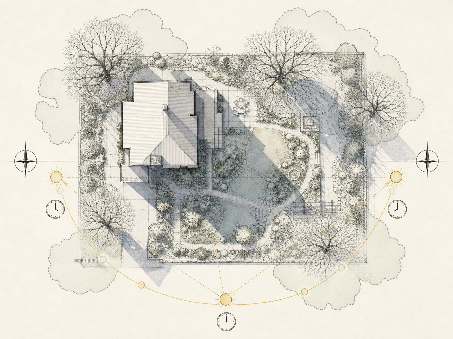 Overhead property plan showing bare deciduous canopies, spring sun arcs, timed shadow polygons and projected summer shade