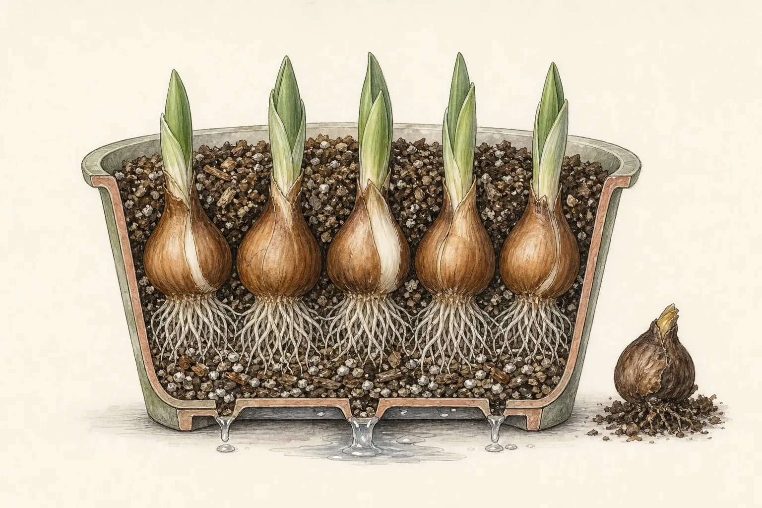 Cutaway of prechilled tulip bulbs with established roots, firm bulbs, moist aerated mix, and drainage