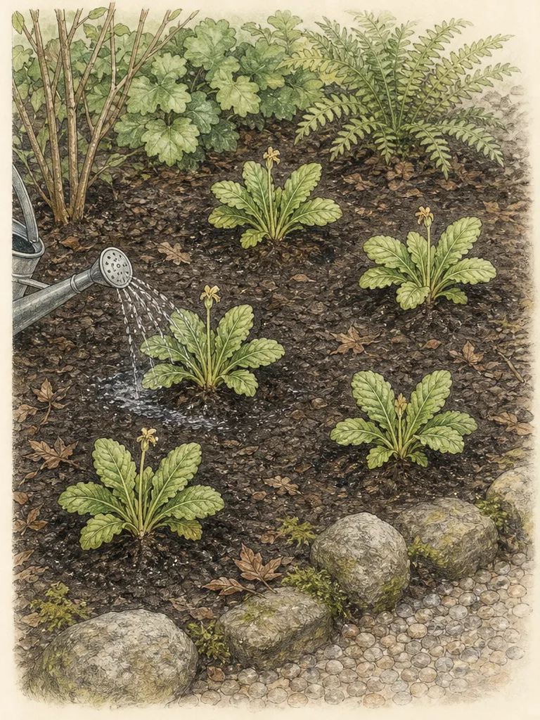 A lifted primrose clump is separated through natural crown seams into substantial rooted rosettes and reset with crowns level to the soil