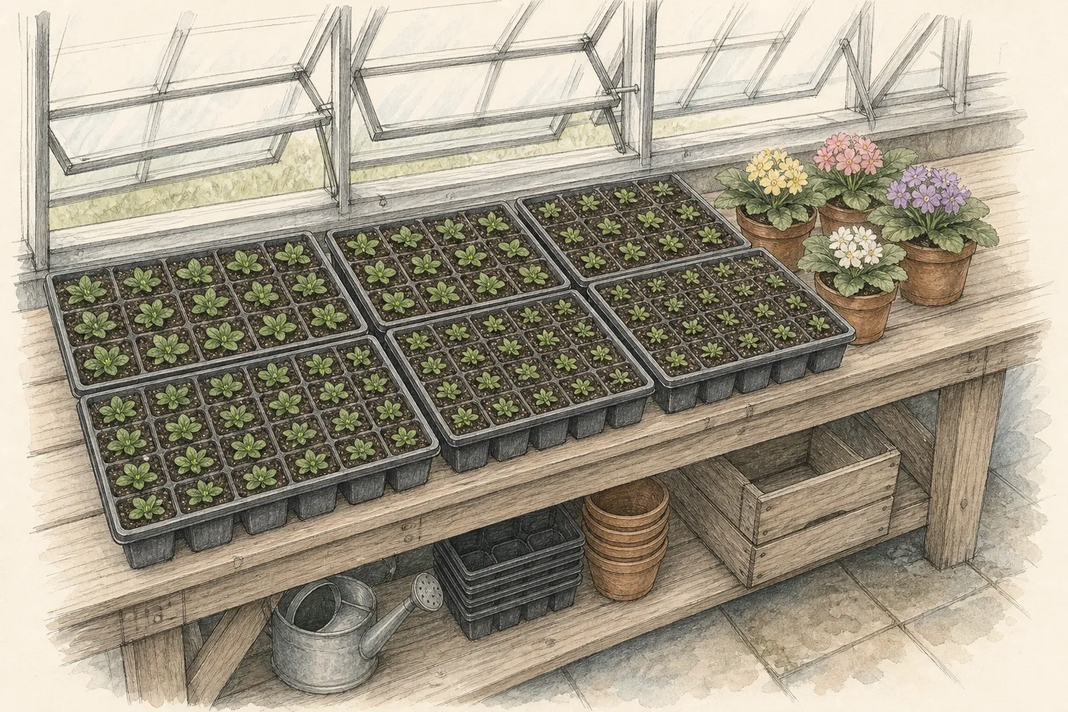Cool bright bench of tiny primula seedlings in shallow cells with open humidity, bottom watering, labels, and staged transplant pots