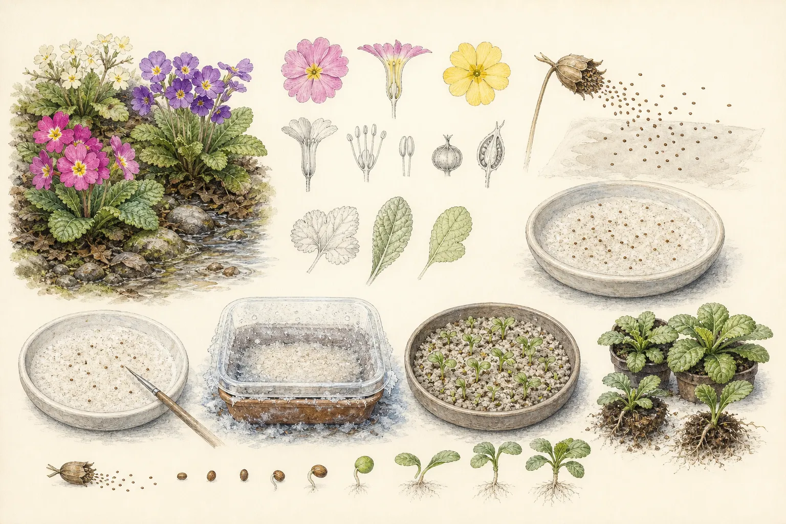 Species-specific primula seed sequence with research, labeled sowing, optional cold-moist stage, cool light, and germination