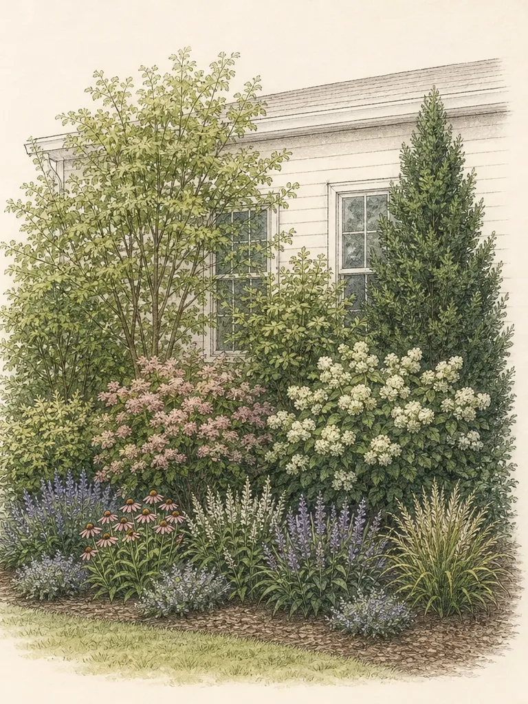 Border section with tall shrub anchors, open medium shrubs, perennial groups, low edging, and a clear stepping route