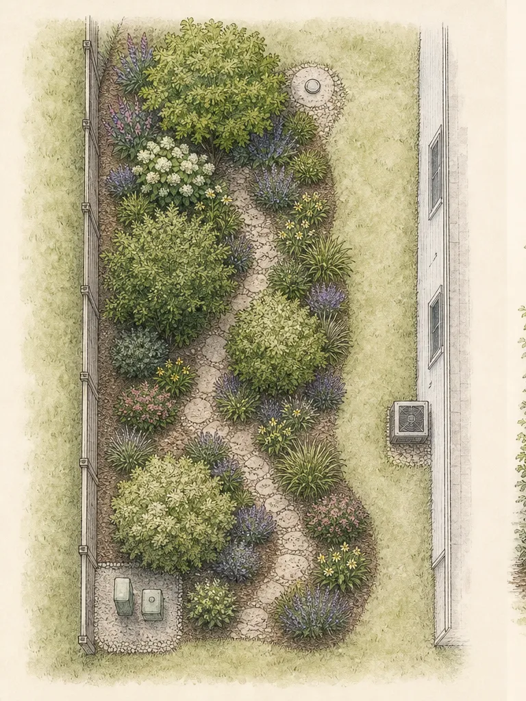 Plan view of three important sightlines intercepted by separate shrub groups while gaps preserve light and access