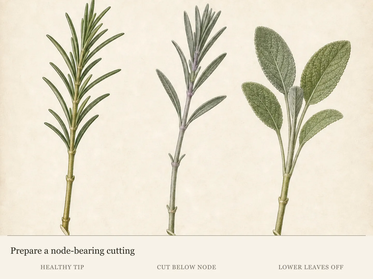 Prepared rosemary, English lavender and sage cuttings with visible nodes, bare insertion zones and modest leafy canopies