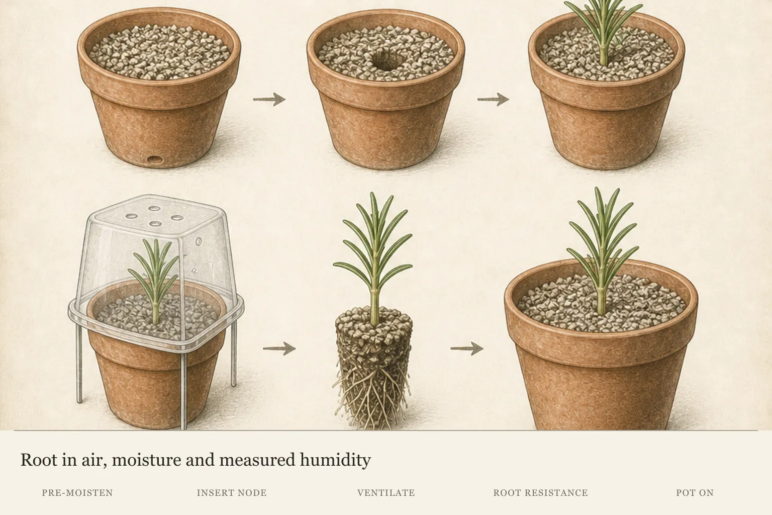 Six-stage sequence from airy rooting mix and a dibber hole through insertion, ventilated cover, rooted plug and individual pot