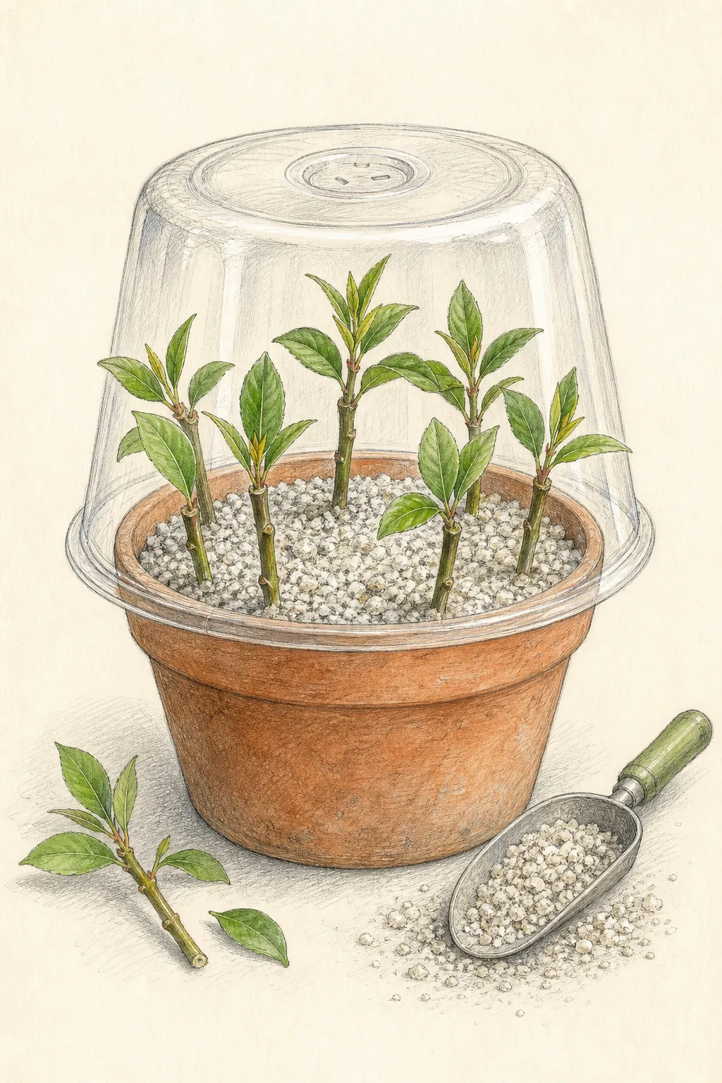 Several shrub cuttings spaced around a propagation pot beneath a loose clear humidity cover