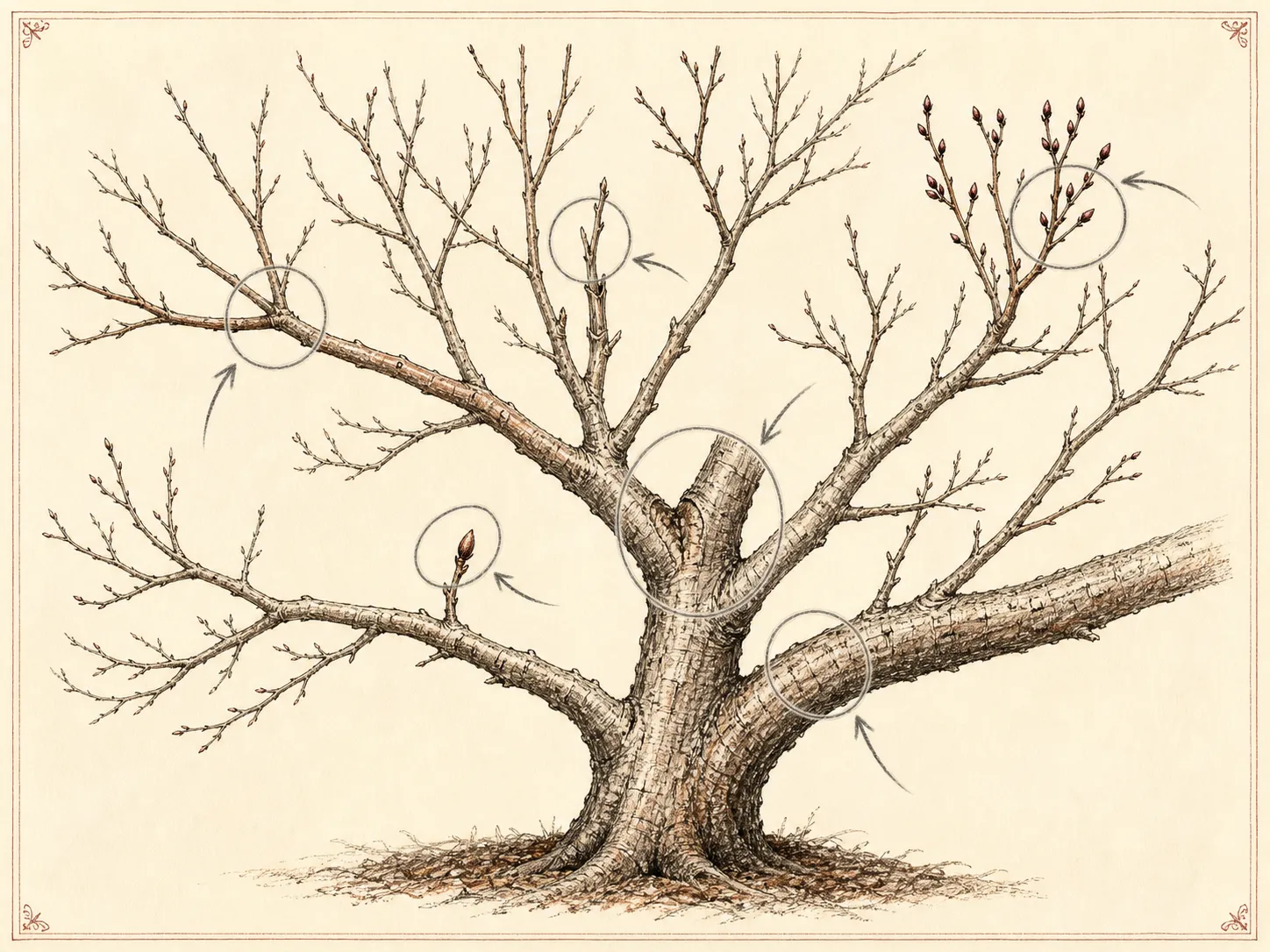 Leafless ornamental tree structure marked at a rubbing branch, outward bud, flower-budded twig, branch collar, an old pruning wound, and a heavy limb beyond hand-tool scope