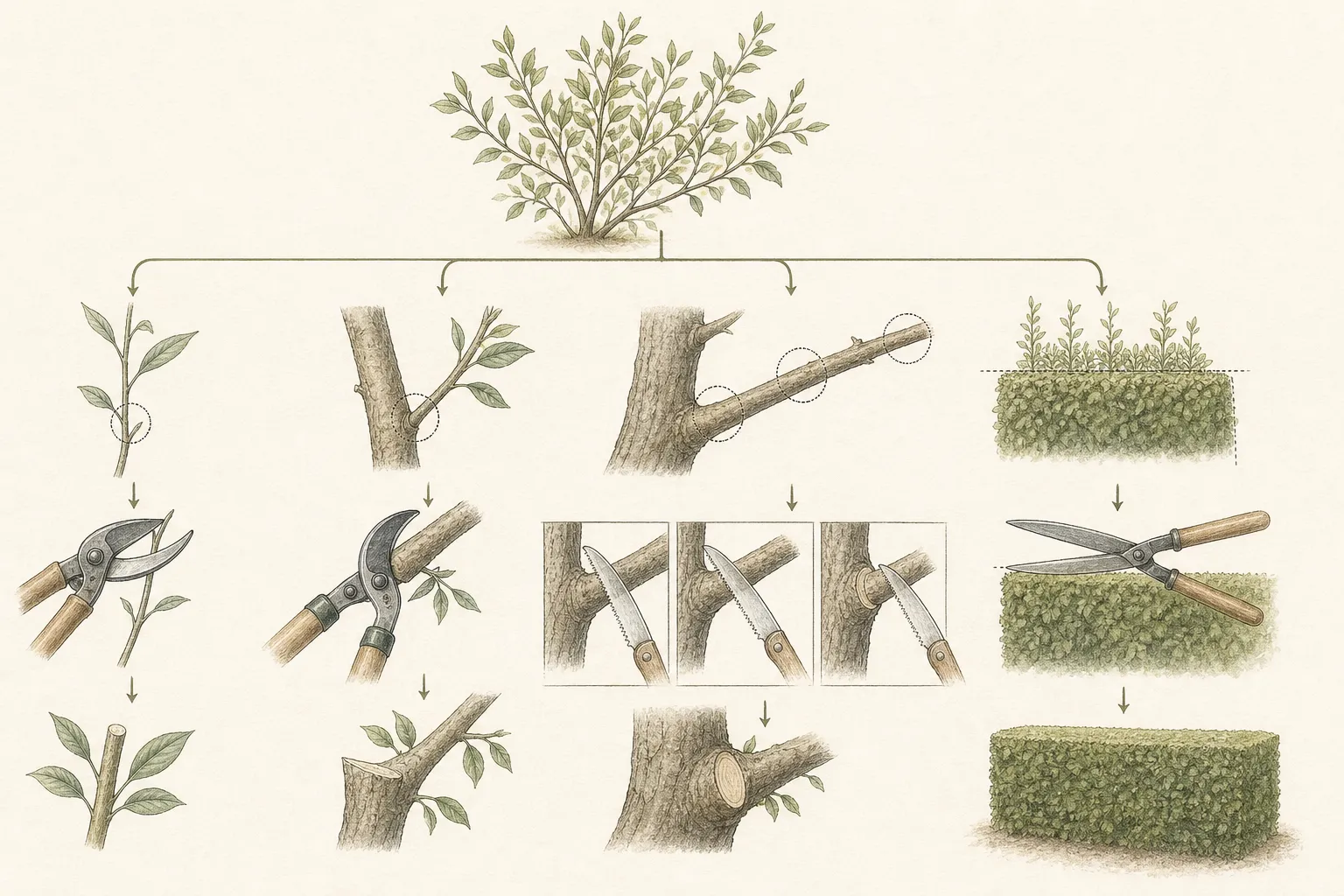 Decision diagram matching twig, medium branch, large limb, formal hedge growth, overhead branch, and unsafe loaded wood to pruning tools