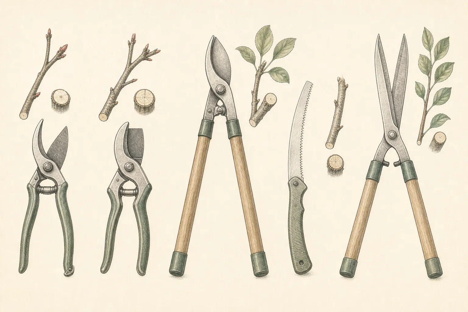 Botanical tool plate showing bypass pruners, anvil pruners, loppers, pruning saw, hedge shears, and pole pruner with typical cut profiles