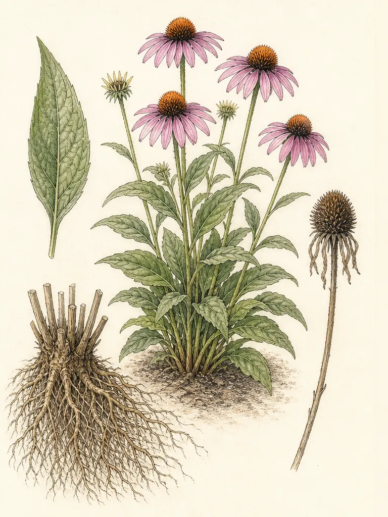 Botanical plate of Echinacea purpurea showing an upright clump, rough toothed leaves, pink-purple ray florets, bristling disc, and dry seed head